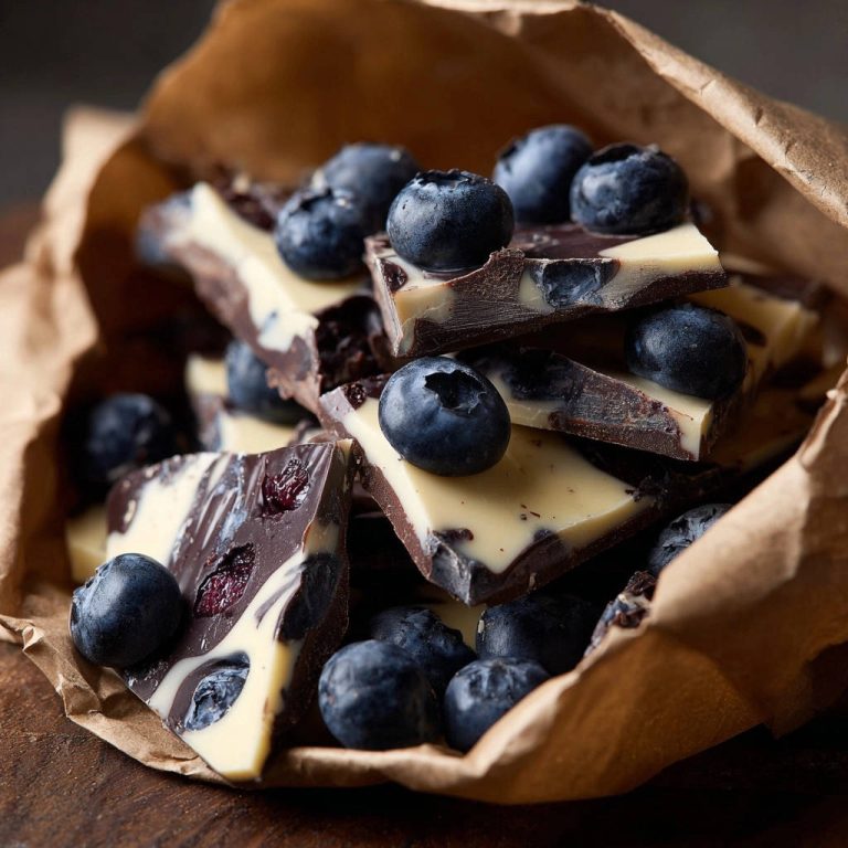 Blaubeer-Marmor-Schokoladen-Bark mit frischen Blaubeeren und Marmorierung, detailnah in einer Papiertüte arrangiert.