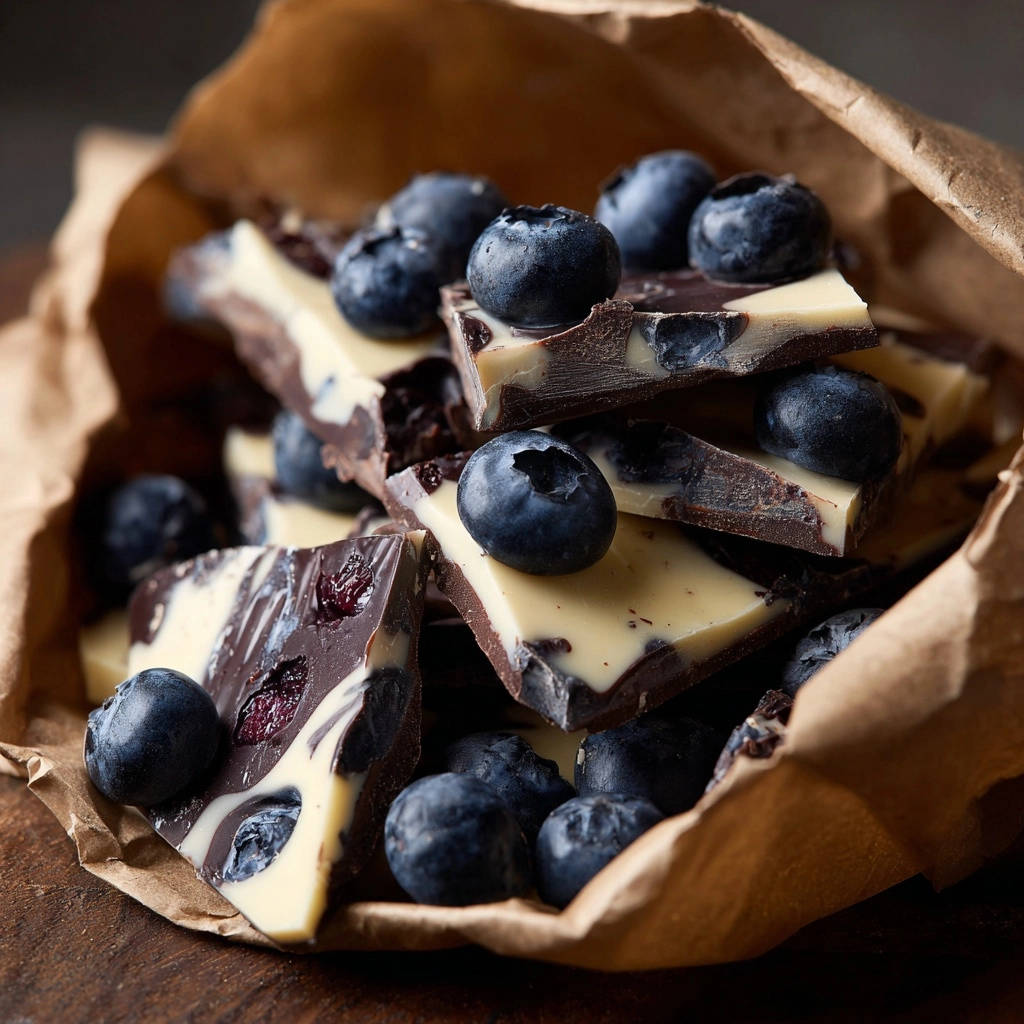 Blaubeer-Marmor-Schokoladen-Bark mit frischen Blaubeeren und Marmorierung, detailnah in einer Papiertüte arrangiert.