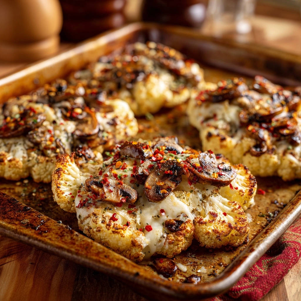 Blumenkohl-Steaks „Umami-Booster“ als Nahaufnahme mit geschmolzenem Käse, Pilzen und Chiliflocken auf einem Backblech.