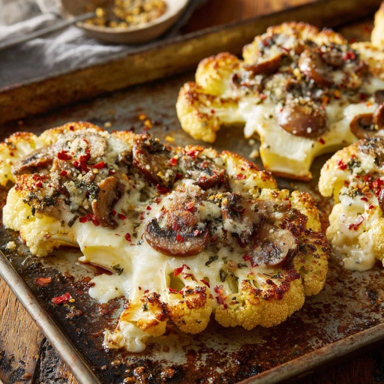 Blumenkohl-Steaks „Umami-Booster“ angeschnitten mit geschmolzenem Käse und Pilzen auf einem Backblech