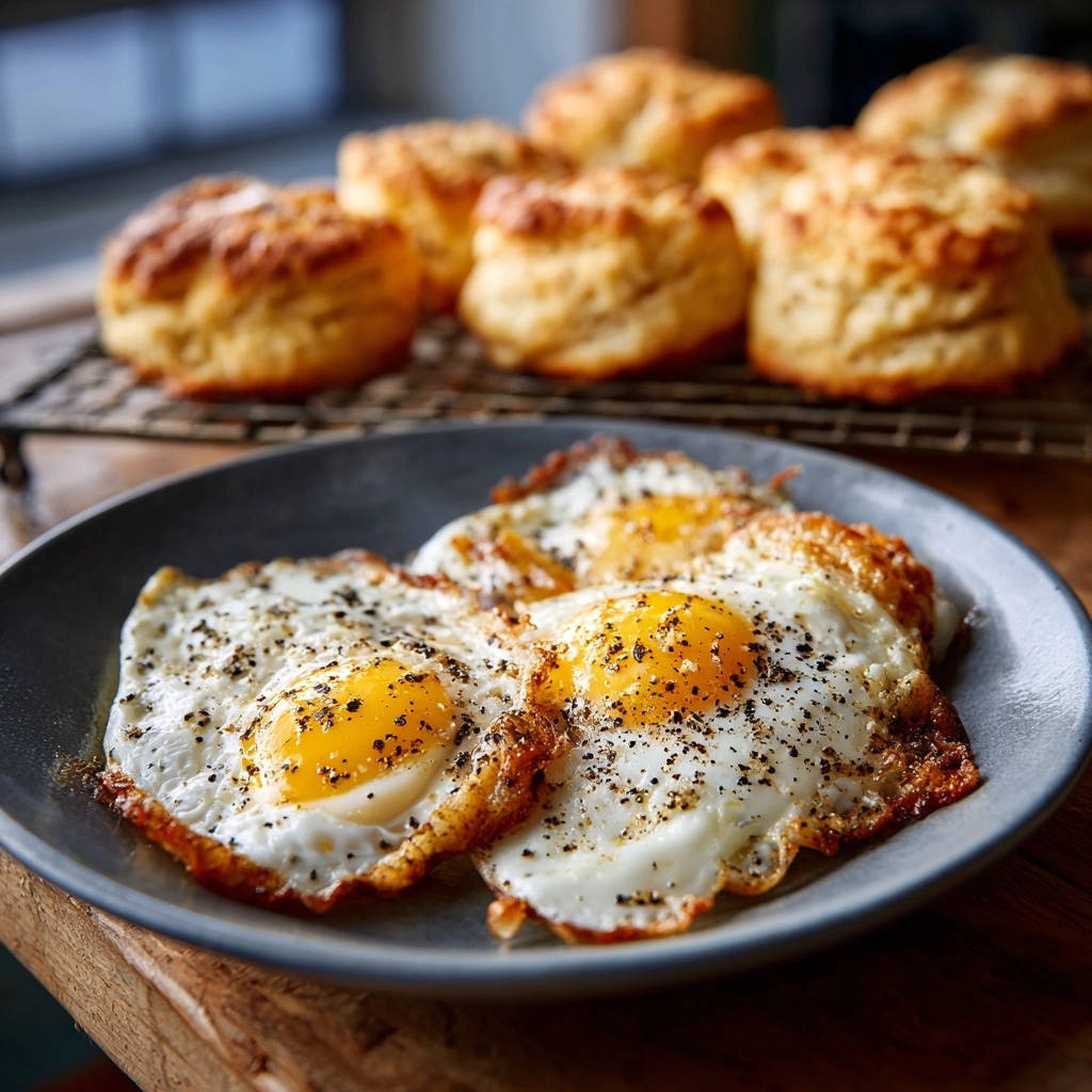Sonntags-Brunch-Traum: Buttermilch-Scones & Spiegeleier, serviert auf einer grauen Platte mit frisch gemahlenem Pfeffer
