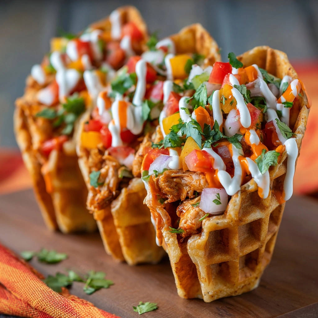 Saftige Hähnchen-Waffel-Tacos, garniert mit frischen Kräutern, Pico de Gallo und cremiger Soße.