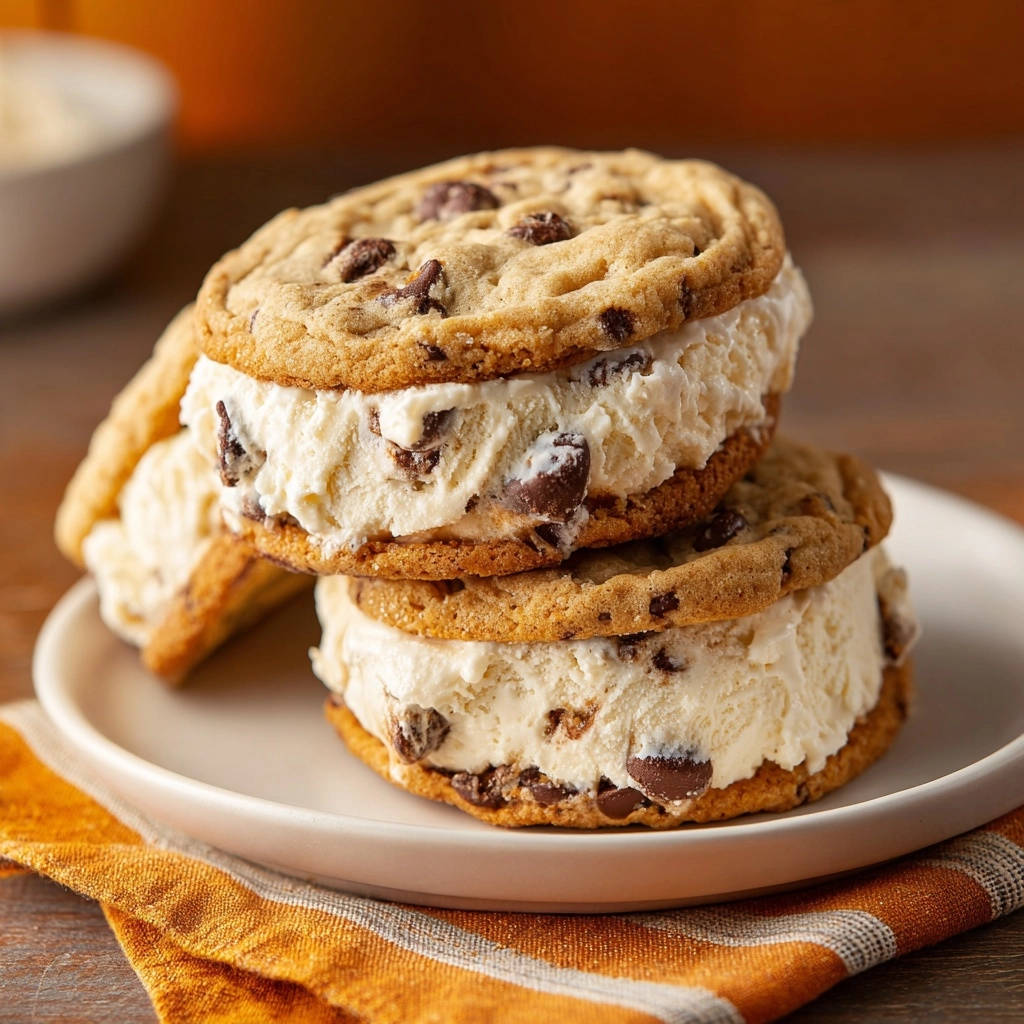 Köstliche Chocolate Chip Eissandwiches als Stapel auf einem Teller, Nahaufnahme mit detailreicher Ansicht des Eises und der Kekse.