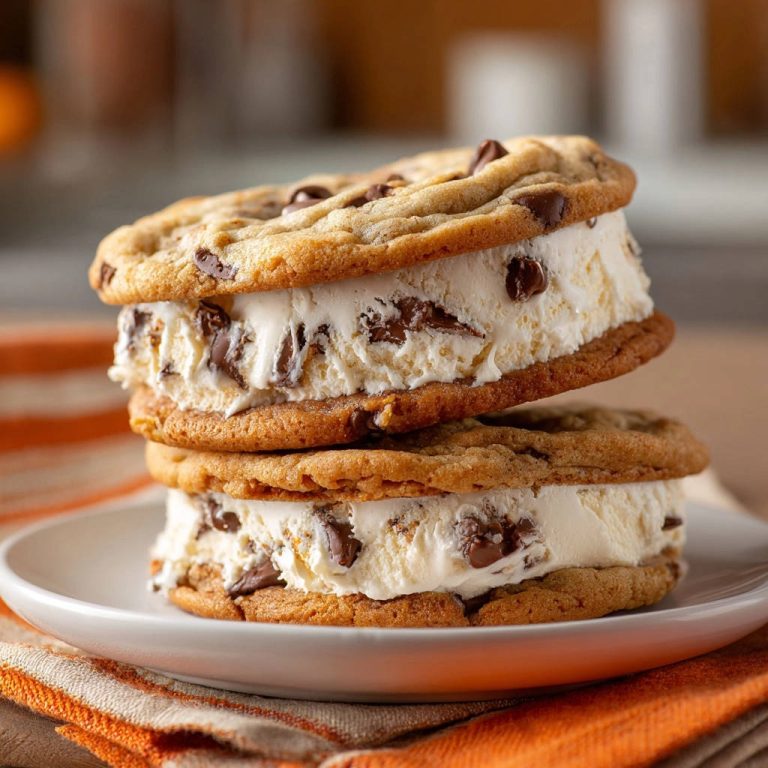 Köstliche Chocolate Chip Eissandwiches als Stapel auf einem Teller, Nahaufnahme der beiden Schichten mit Eiscreme und Keksen.