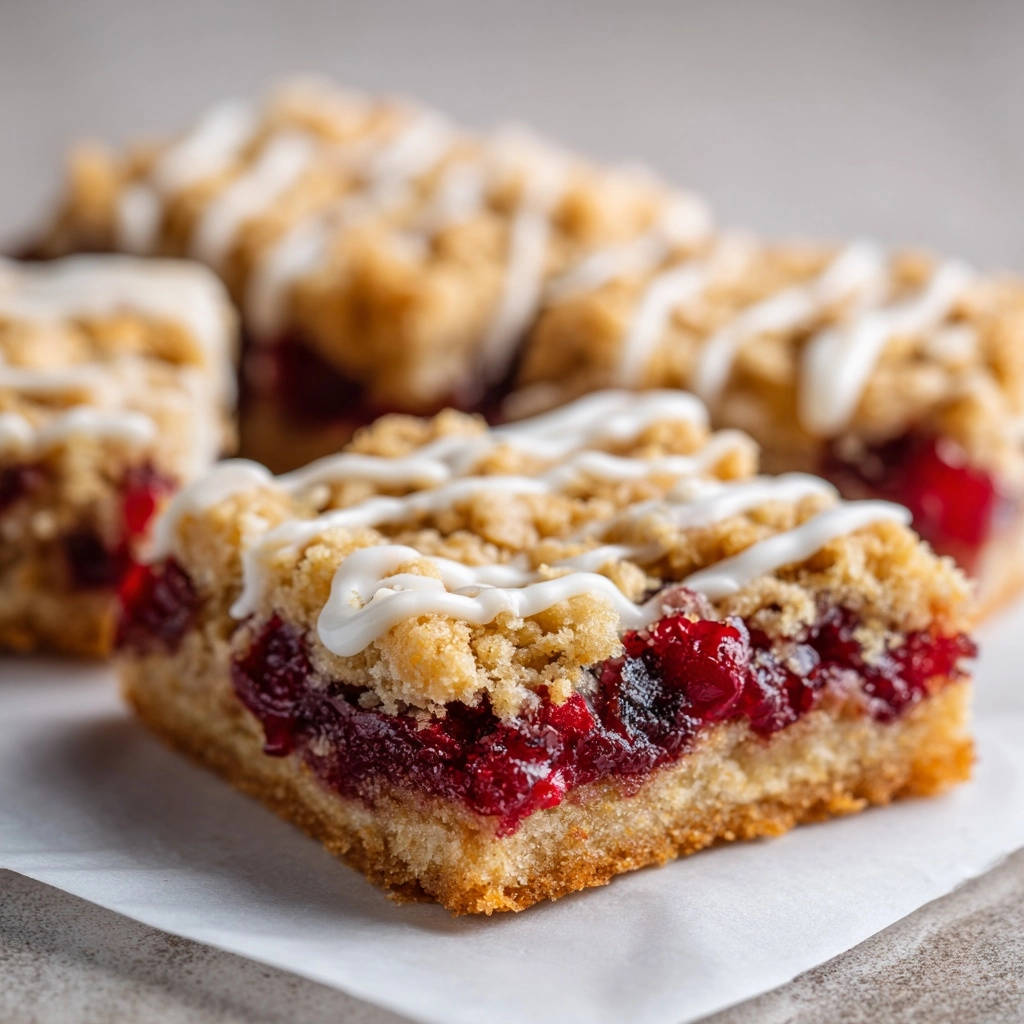 Cranberry-Streusel-Schnitten mit feiner Zuckerglasur, Nahaufnahme der saftigen Füllung und Streuselhaube.