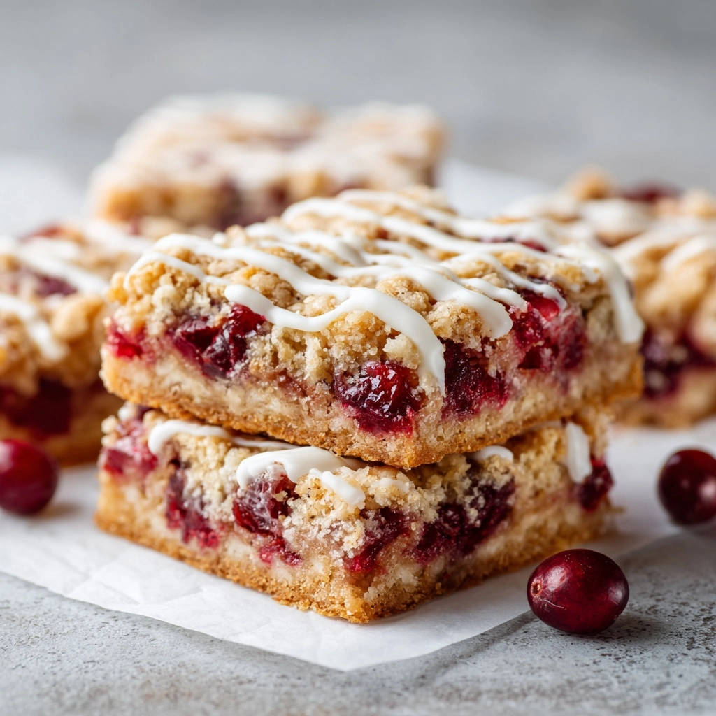 Cranberry-Streusel-Schnitten gestapelt zeigen eine saftige Fruchtschicht und knusprigen Streuselbelag mit Zuckerguss.