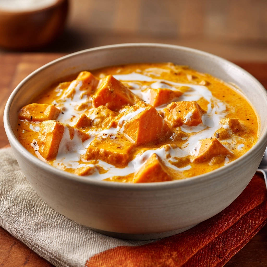 Cremiges Kürbis-Curry wird mit einem Löffel cremiger Kokosmilch beträufelt, was die reichhaltige Textur hervorhebt.