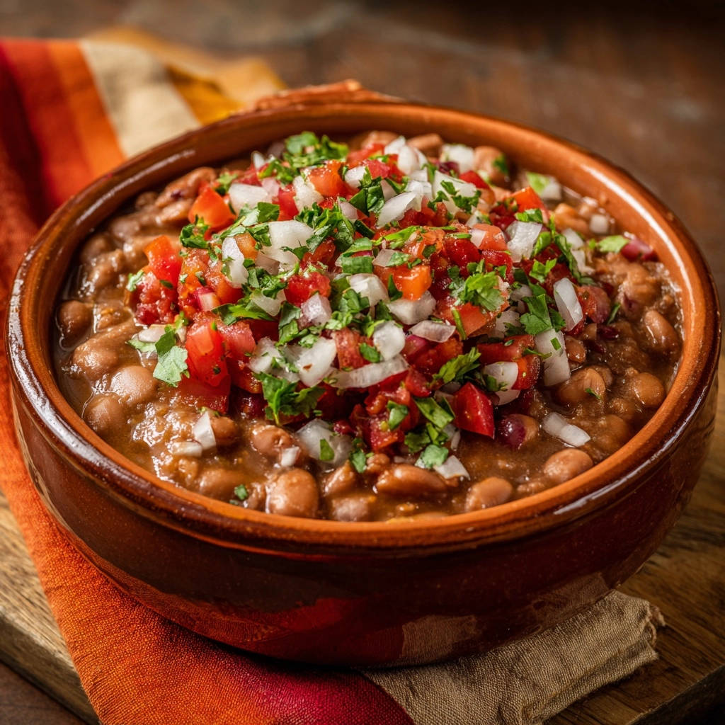 Cremige Bohnen mit frischer Salsa, serviert in einer braunen Schüssel und garniert mit Tomaten, Zwiebeln und Koriander.
