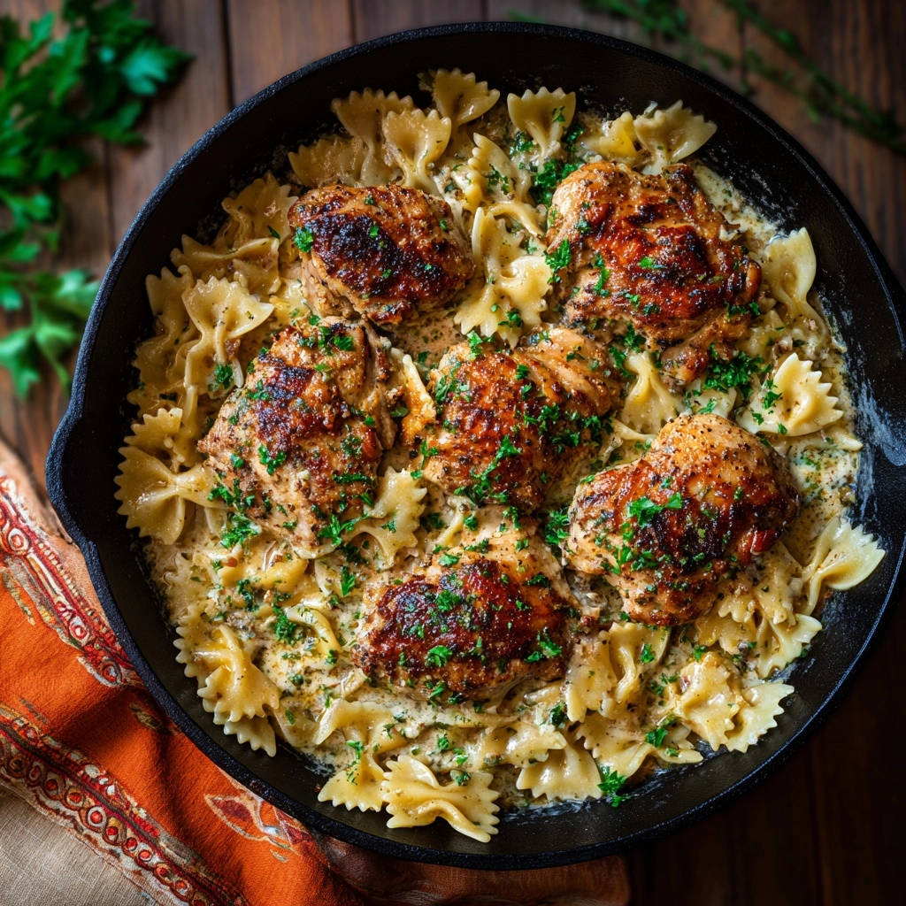 Cremige Hähnchen-Farfalle-Pfanne in einer gusseisernen Pfanne von oben mit frischer Petersilie garniert.