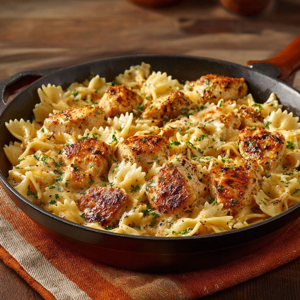 Cremige Hähnchen-Farfalle-Pfanne in einer gusseisernen Pfanne, mit gegrillten Hähnchenstücken und Petersilie garniert.