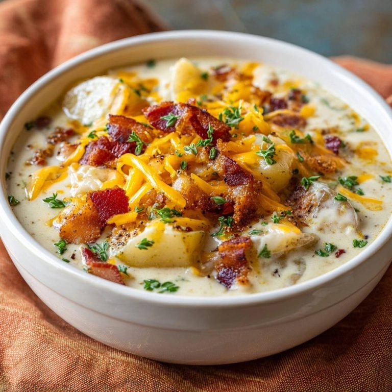 Cremige Kartoffel-Käse-Suppe mit knusprigem Speck und Käse garniert in einer weißen Schüssel