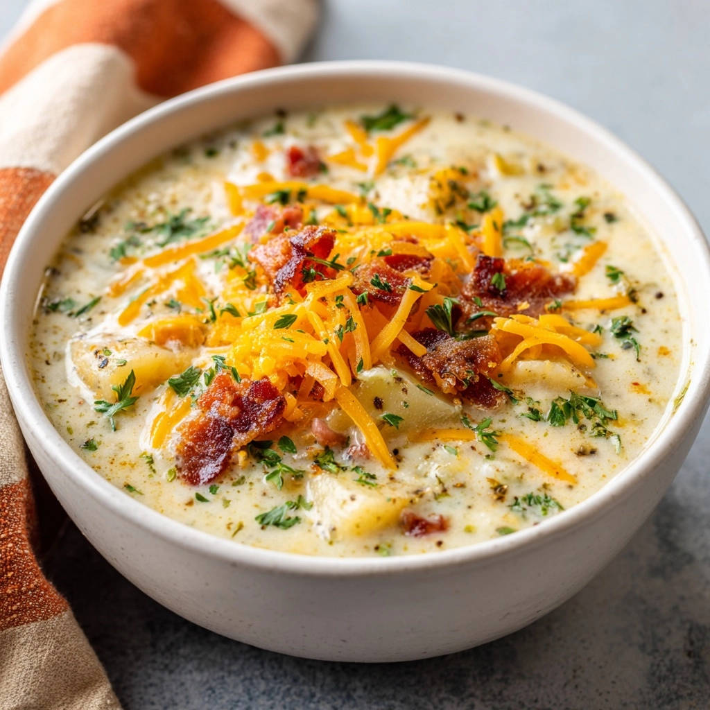 Cremige Kartoffel-Käse-Suppe, garniert mit knusprigem Speck und Käse, in einer weißen Schüssel serviert.