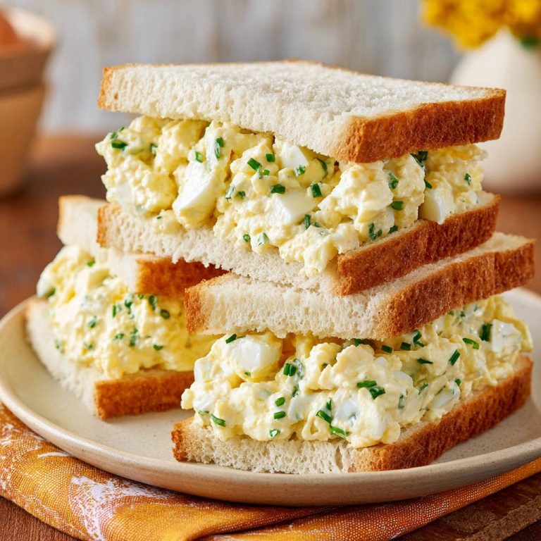 Cremiger Eiersalat-Sandwich, gestapelt auf einem Teller mit einem gelben Tuch daneben.