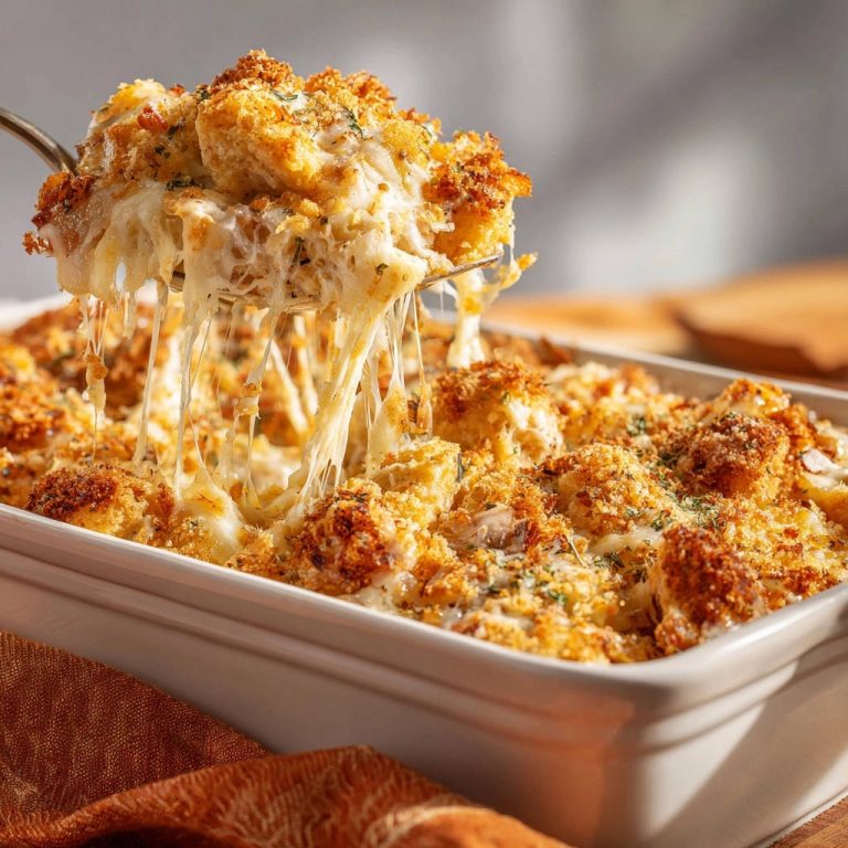 Cremiger Hähnchen-Käse-Auflauf mit knuspriger Kruste, wie ein Löffel geschmolzenen Käse herauszieht.