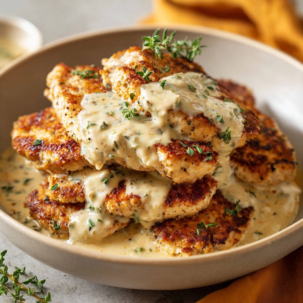 Cremiges Hähnchen mit Kräutersauce, saftig und cremig, garniert mit frischen Kräutern in einer Schüssel.