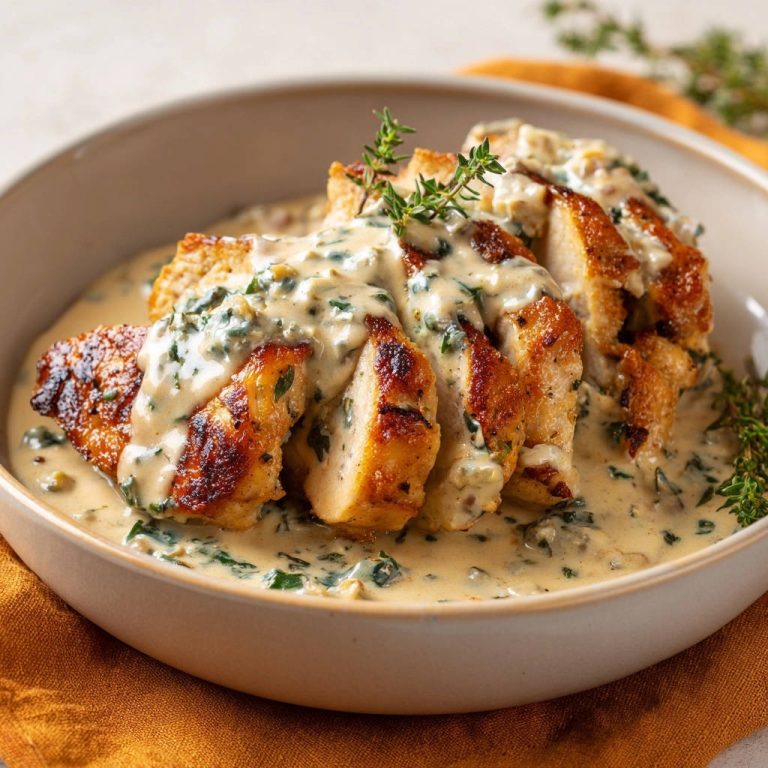 Cremiges Hähnchen mit Kräutersauce, angeschnitten und mit einer cremigen Kräutersauce übergossen, garniert mit Thymian.