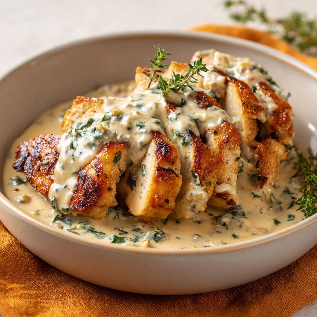 Cremiges Hähnchen mit Kräutersauce, angeschnitten und mit einer cremigen Kräutersauce übergossen, garniert mit Thymian.