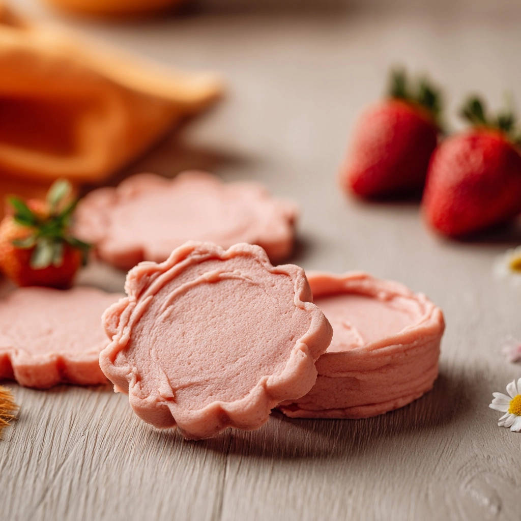Erdbeer-Blütenkekse mit zartem rosa Frosting, nahaufnahme der detailreichen Blütenform und des cremigen Belags.