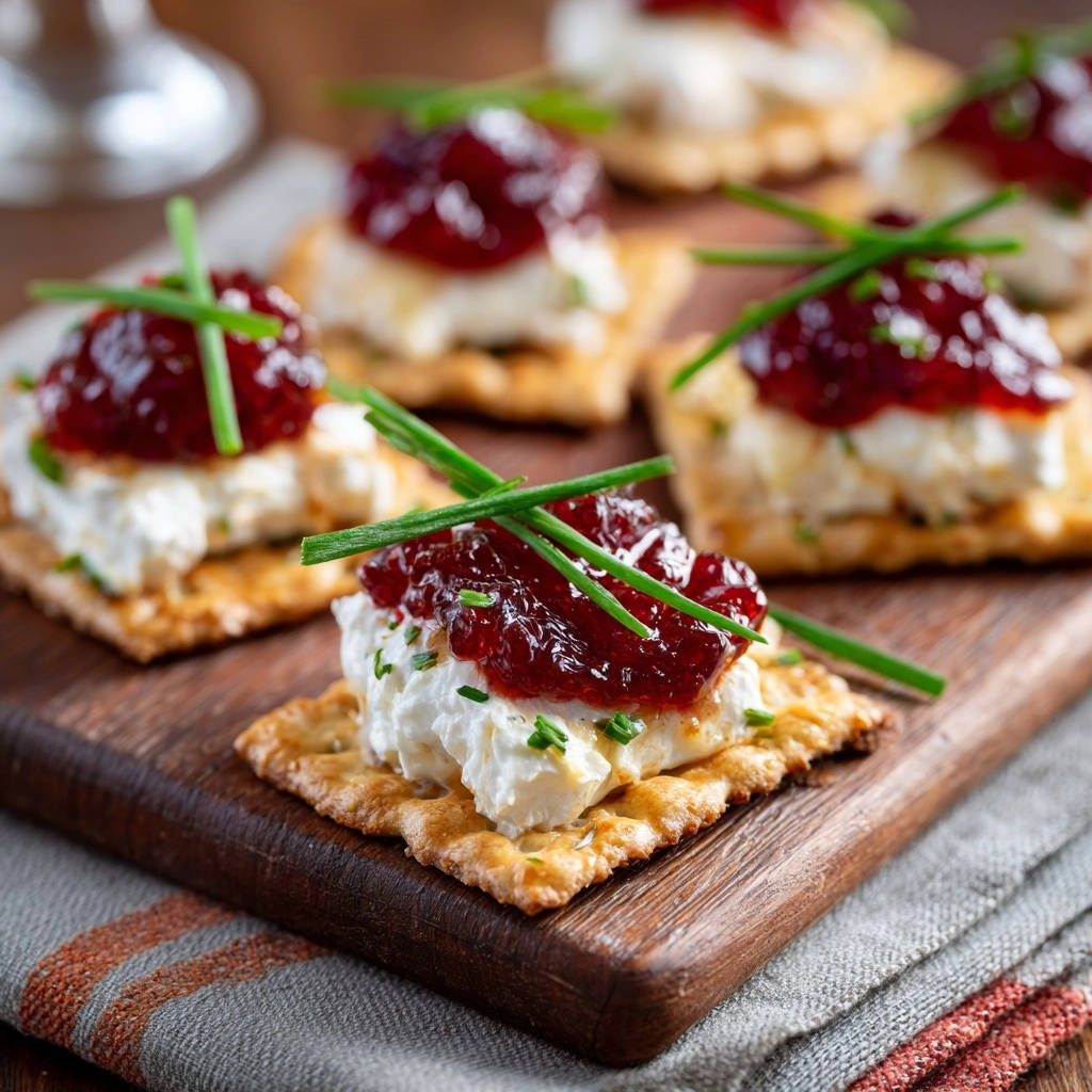 Knusprige Festtags-Cracker mit Ziegenkäse und Cranberry-Relish, nahaufnahme der Garnitur aus frischem Schnittlauch