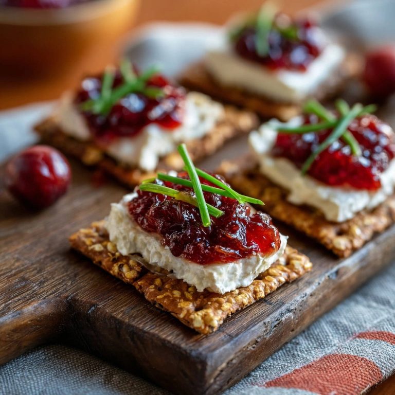 Knusprige Festtags-Cracker mit Ziegenkäse und Cranberry-Relish, nahaufnahme des garnierten Crackers mit frischem Schnittlauch