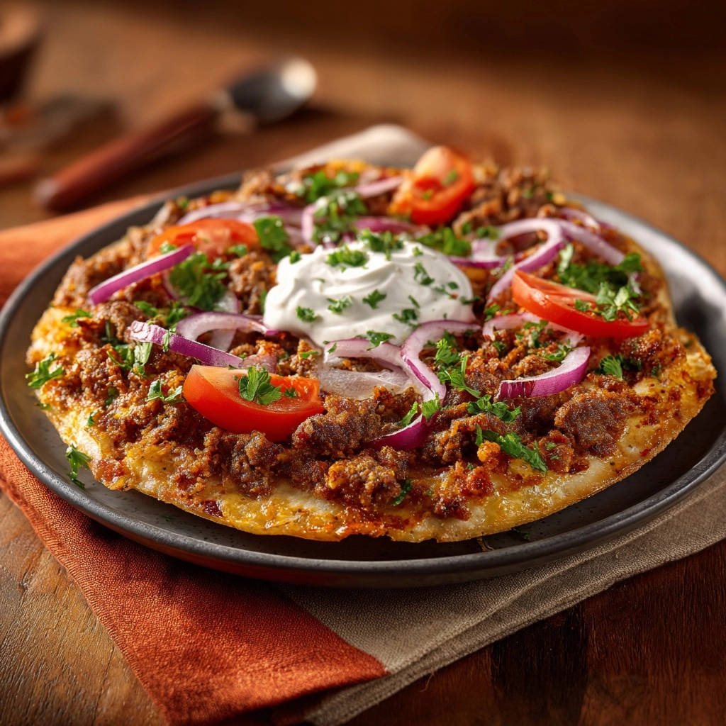 Würziges Fladenbrot mit Hackfleisch, garniert mit Sour Cream, roten Zwiebeln und Tomaten, Nahaufnahme