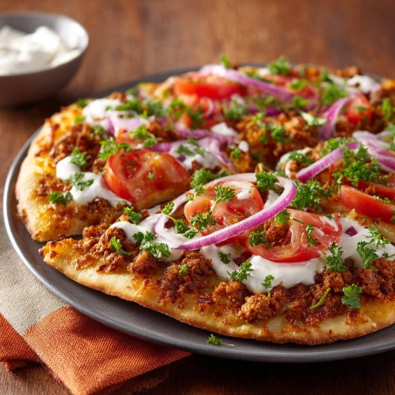 Würziges Fladenbrot mit Hackfleisch, nahaufnahme von den frischen Tomaten und Petersiliengarnitur auf dem knusprigen Teig.