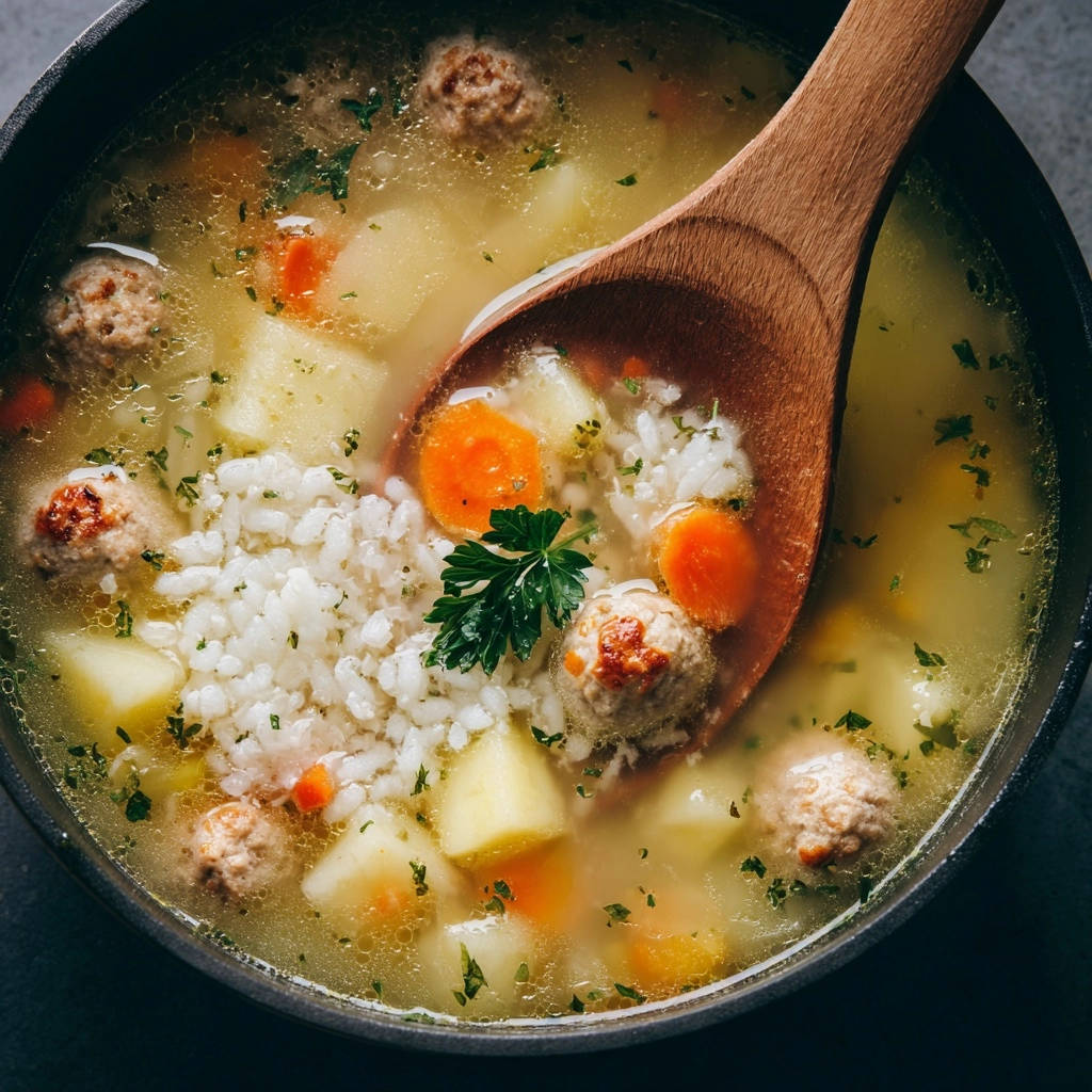Herzhafte Fleischbällchen-Reissuppe mit Reis, Kartoffeln und Karotten, aufgenommen mit einem Holzlöffel in Nahaufnahme.