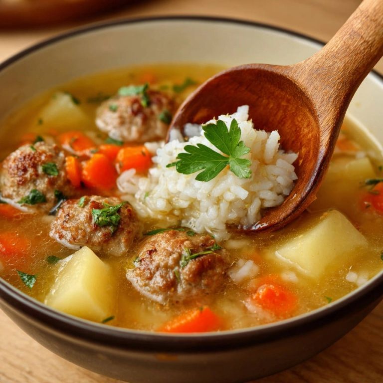 Herzhafte Fleischbällchen-Reissuppe mit einem Holzlöffel voller Reis und Petersilie, Nahaufnahme