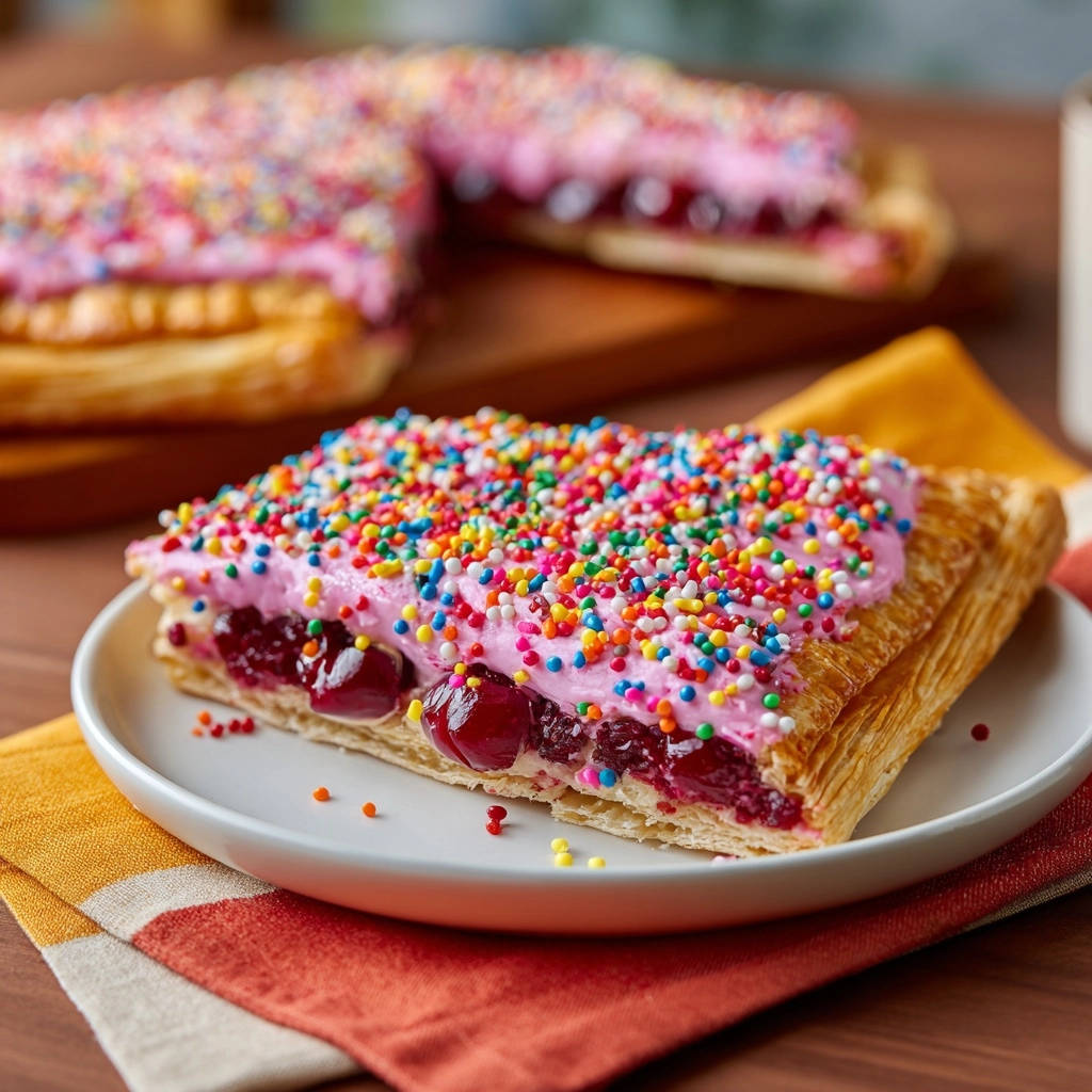Fruchtige Gebäcktaschen angeschnitten auf einem Teller, mit Kirschfüllung und bunten Streuseln bestreut.