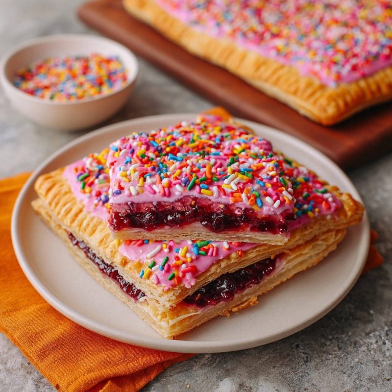 Fruchtige Gebäcktaschen angeschnitten auf einem Teller, mit rosa Zuckerguss und bunten Streuseln, die Füllung ist gut sichtbar.