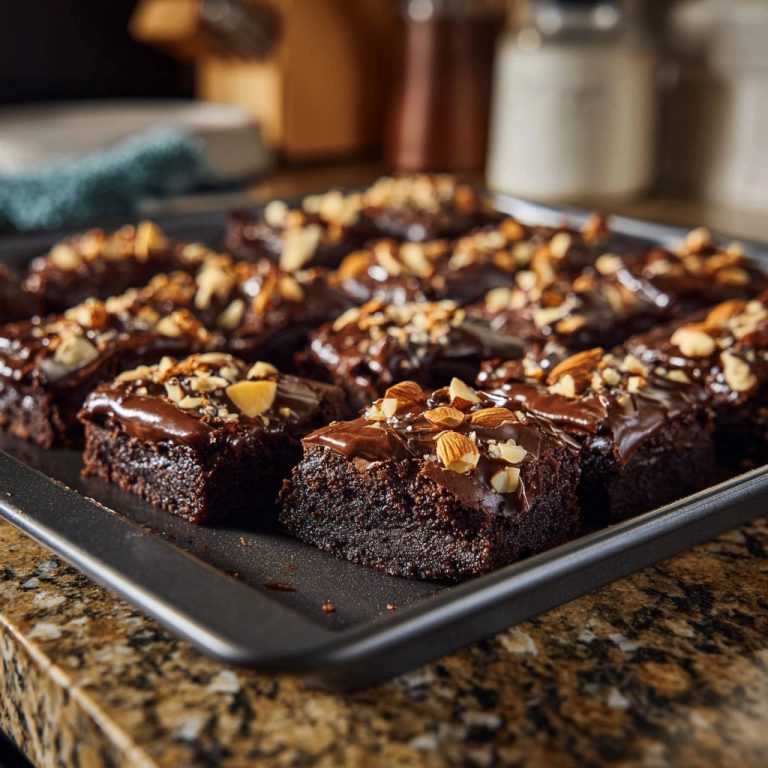 Fudgy Schoko-Mandel-Brownies, angeschnitten und mit gehackten Mandeln garniert, auf einem Backblech
