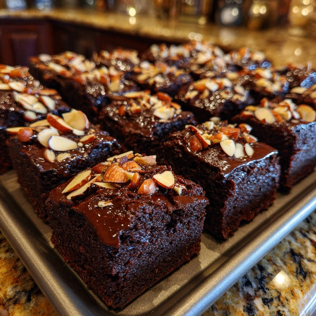 Fudgy Schoko-Mandel-Brownies mit Mandelsplittern und Schokoladenglasur, nahaufnahme auf einem Blech