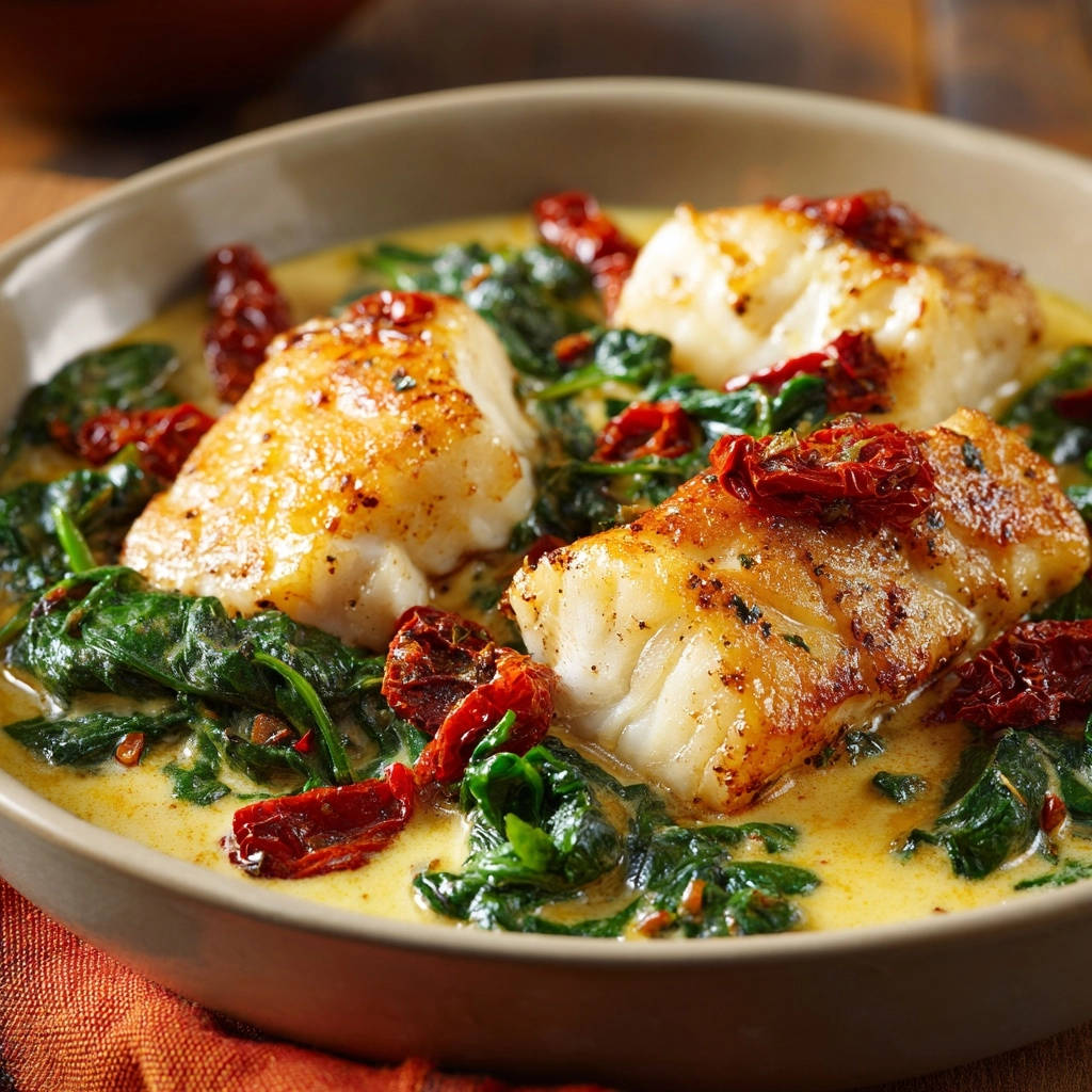 Gebratenes Fischfilet auf Rahmspinat mit sonnengetrockneten Tomaten, eine Nahaufnahme der zarten Textur und des saftigen Fischs.