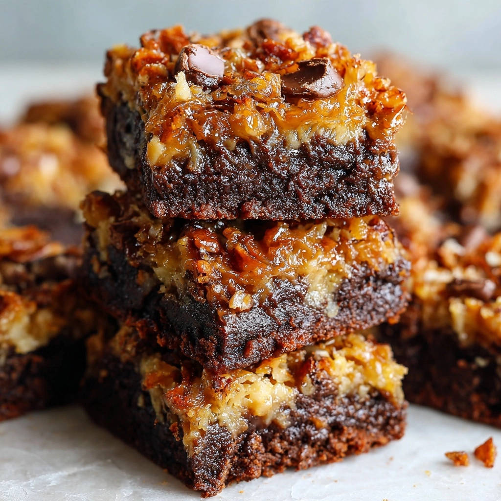 Saftige German Chocolate Brownies gestapelt, mit einem Nahaufnahme-Blick auf das schokoladige Innere und das Kokos-Nuss-Topping.