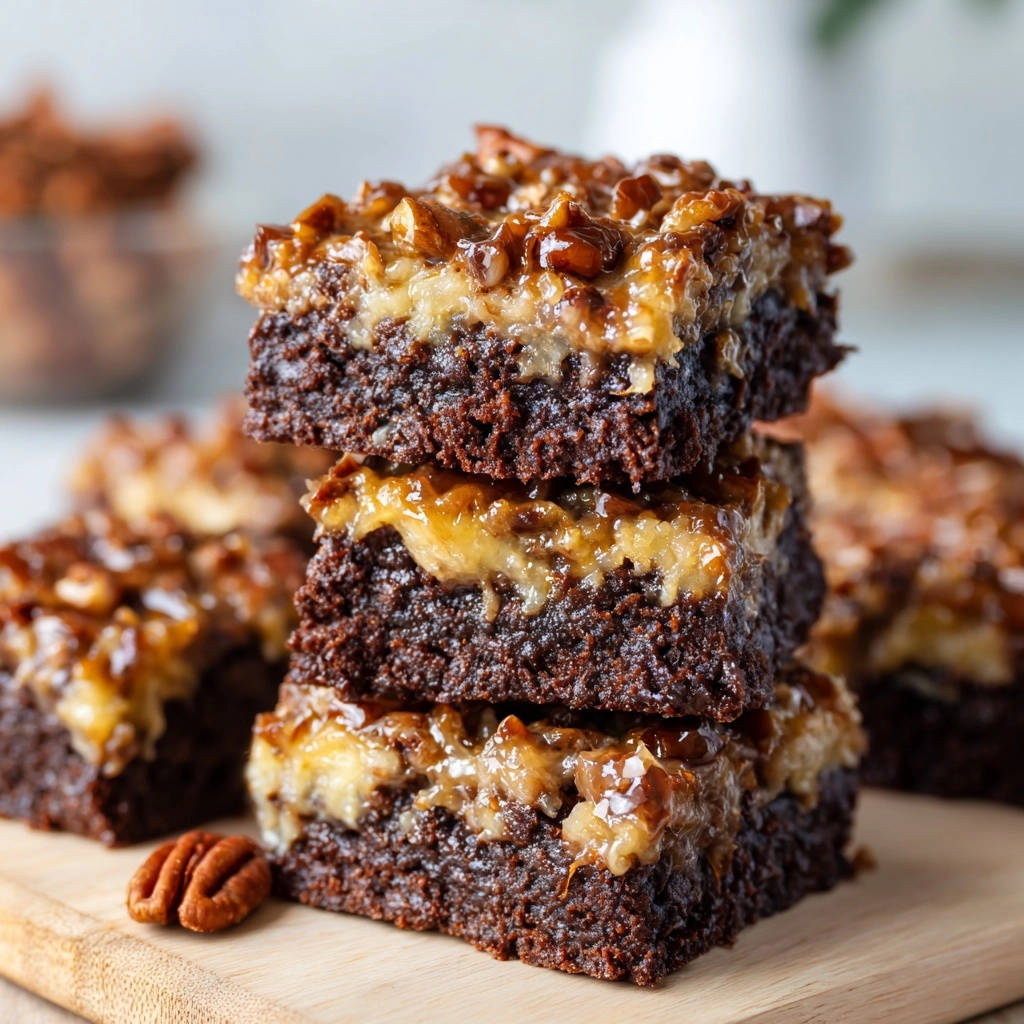 Saftige German Chocolate Brownies gestapelt auf einem Holzbrett mit Nahaufnahme der fudgy Textur und Kokos-Nuss-Glasur.