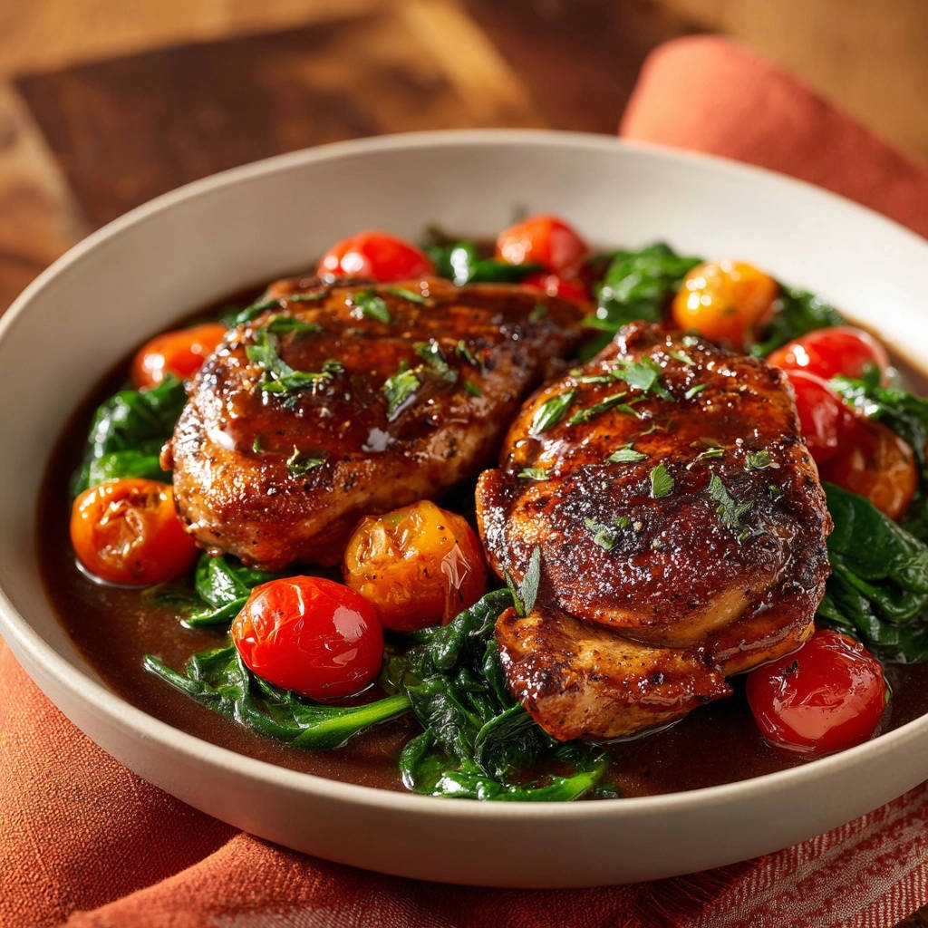 Glasiertes Hähnchen mit Kirschtomaten und Spinat, Nahaufnahme der glänzenden Glasur und frischen Zutaten im Teller