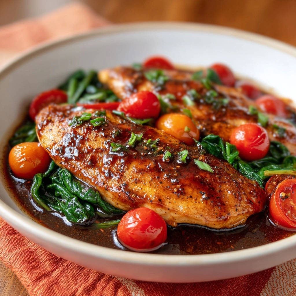 Glasiertes Hähnchen mit Kirschtomaten und Spinat, Nahaufnahme der glänzenden Glasur und frischer Garnitur.