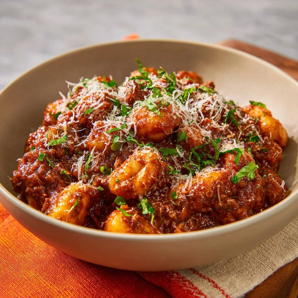 Gnocchi mit herzhaftem Rinderragout, nahaufnahme mit geriebenem Parmesan und frischer Petersilie garniert.