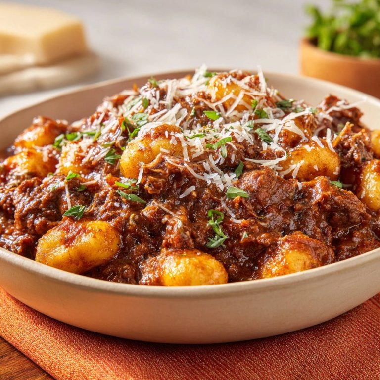 Gnocchi mit herzhaftem Rinderragout, garniert mit geriebenem Parmesan und frischer Petersilie, serviert in einer Schüssel.