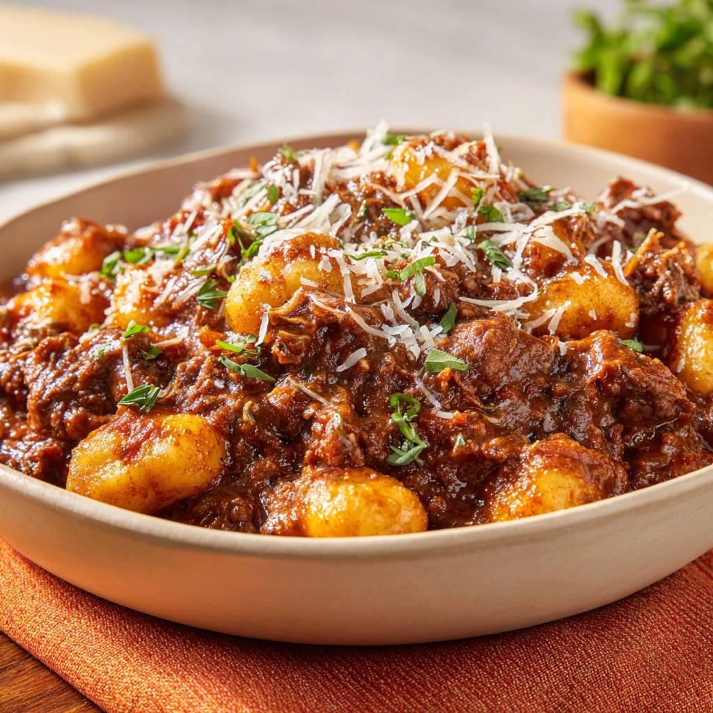Gnocchi mit herzhaftem Rinderragout, garniert mit geriebenem Parmesan und frischer Petersilie, serviert in einer Schüssel.