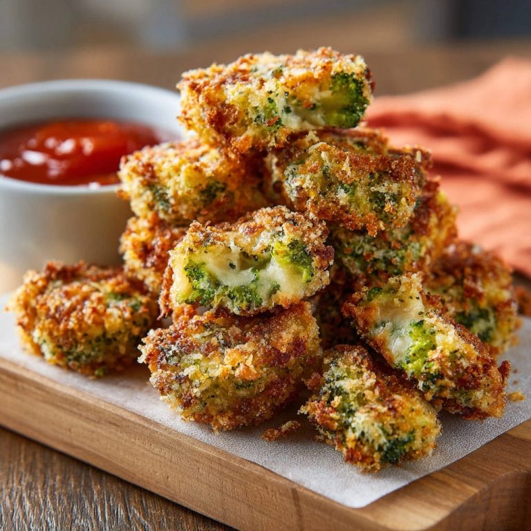 Goldbraune Brokkoli-Käse-Bites im Anschnitt, die den zartschmelzenden Käse im Inneren zeigen, neben einer Schüssel Sauce.