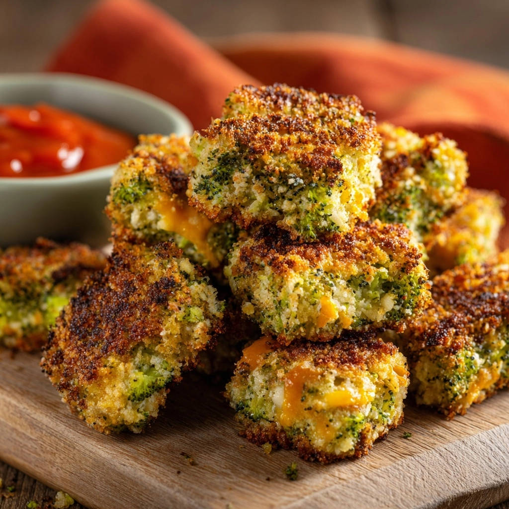 Goldbraune Brokkoli-Käse-Bites, nahaufnahme mit geschmolzenem Käse im Inneren, Außen knusprig und innen zartschmelzend.