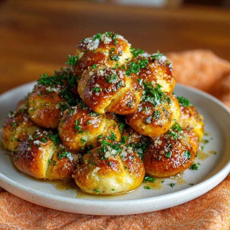 Goldene Knoblauchknoten mit Petersilie und Parmesan, Nahaufnahme der glänzenden Garnitur auf den frisch gebackenen Brötchen.
