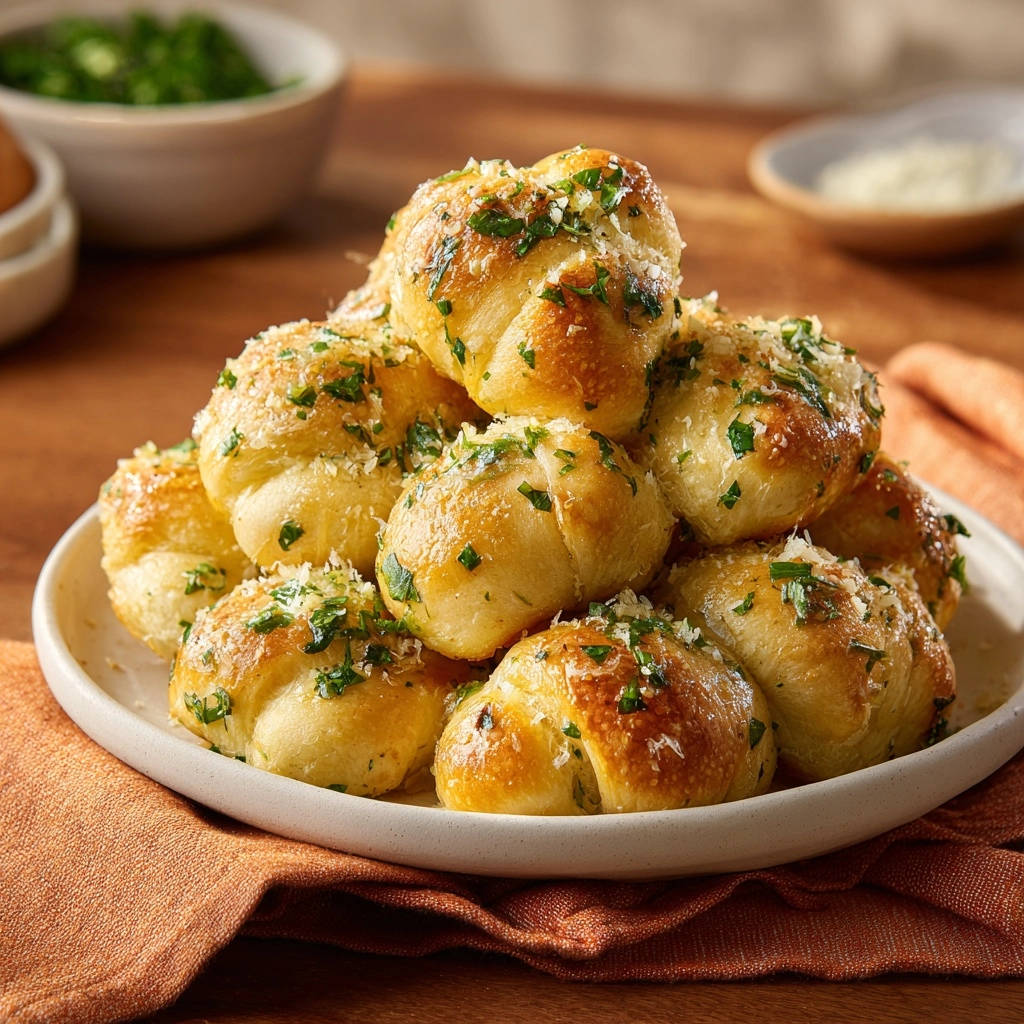 Goldene Knoblauchknoten mit Petersilie und Parmesan, nahaufnahme der frisch gebackenen und garnierten Brötchen auf einem Teller.