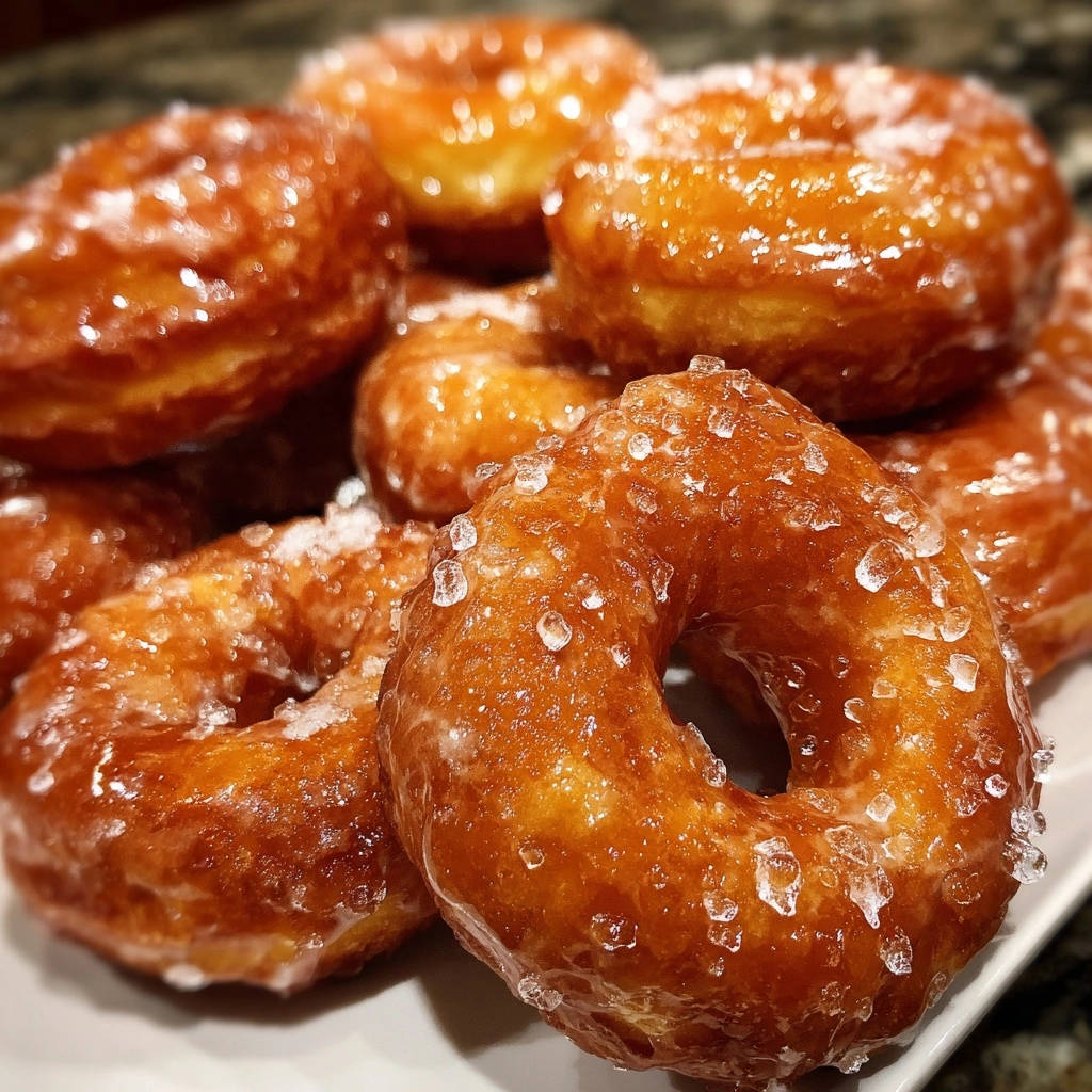 Goldene Zucker-Donuts mit einer glänzenden Glasur und groben Zuckerkristallen, Nahaufnahme der Textur.