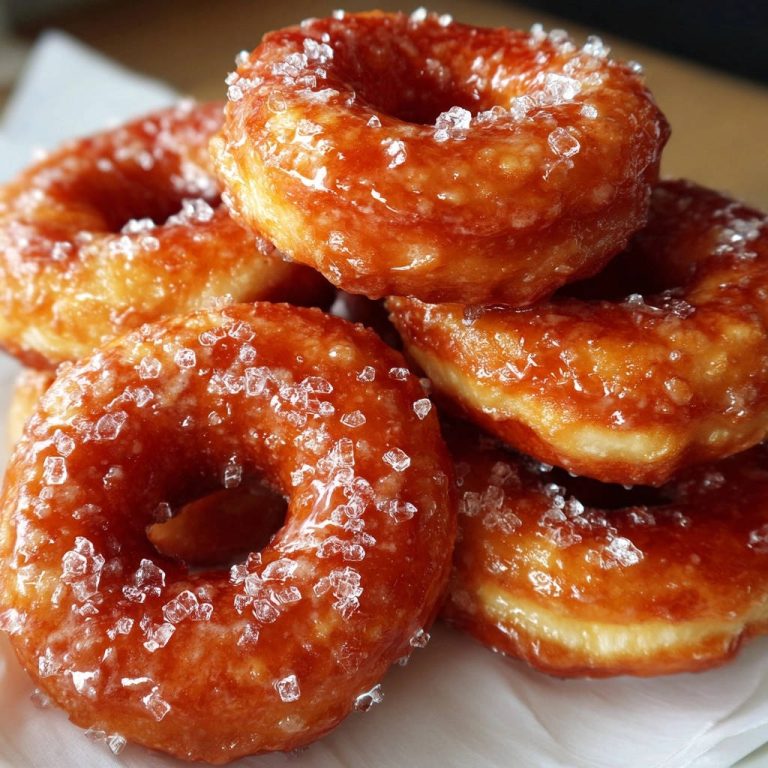 Goldene Zucker-Donuts sind in einer Nahaufnahme auf einem Stapel mit glänzender Glasur und Zuckerkristallen zu sehen.