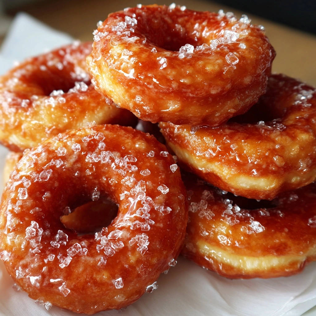 Goldene Zucker-Donuts sind in einer Nahaufnahme auf einem Stapel mit glänzender Glasur und Zuckerkristallen zu sehen.