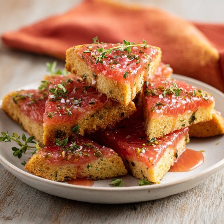 Saftiger Grapefruit-Thymian Kuchen angeschnitten auf einem Teller, garniert mit Thymian und Meersalz.