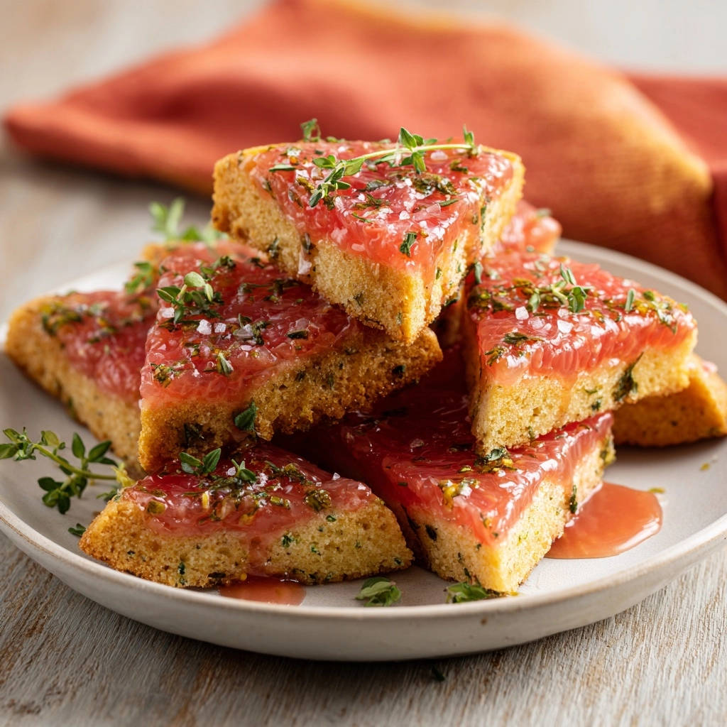 Saftiger Grapefruit-Thymian Kuchen angeschnitten auf einem Teller, garniert mit Thymian und Meersalz.