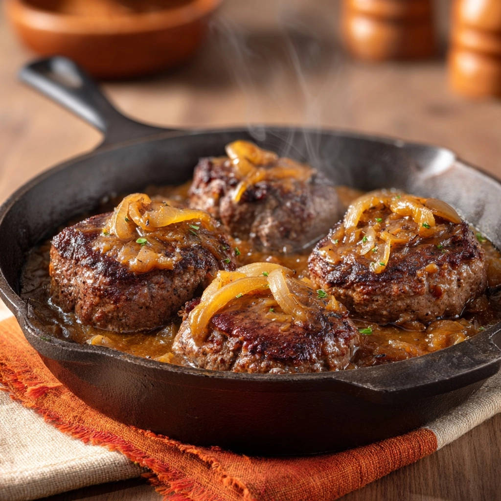 Saftige Hacksteaks in goldener Zwiebelsoße dampfen heiß aus der Gusseisenpfanne in dieser Nahaufnahme.